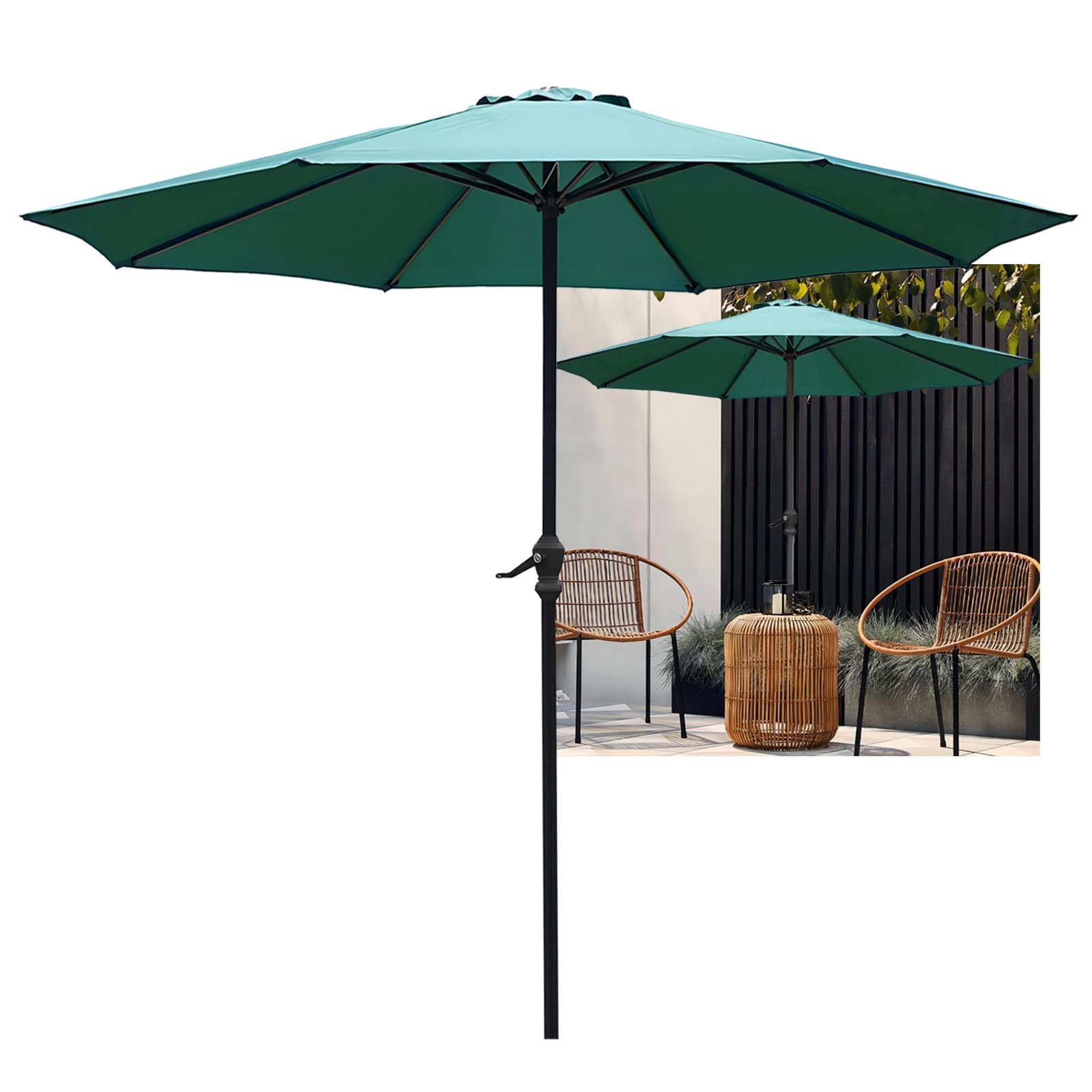 LIGUOYI Ogrodowy parasol przeciwsłoneczny na zewnątrz parasol stołowy 25 cm parasol tarasowy z korbą, 8 solidnych żeber, okrągłe parasole bez podstawy, odporny na prysznic, wielokolorowa ochrona przed słońcem, ZIELONY, 270cm
