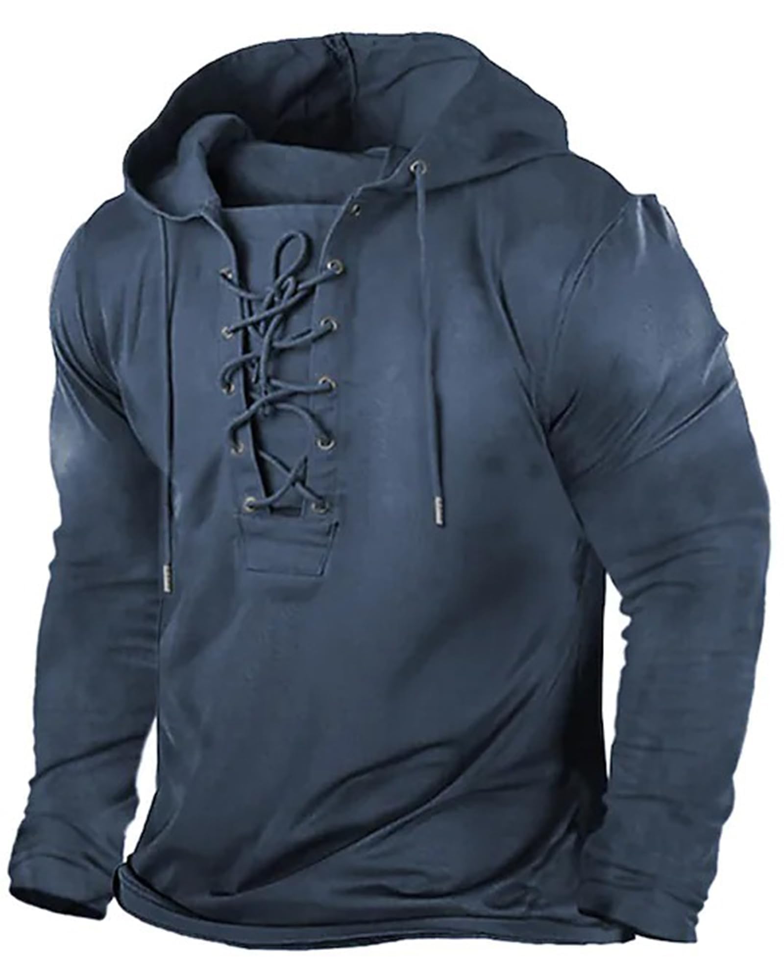 Beotyshow Herren Vintage Hoodie Langarm Shirt Männer Lace Up Hooded Langarmhemd Distressed Casual Outdoor Taktisch Pullover Hemd mit Kapuze