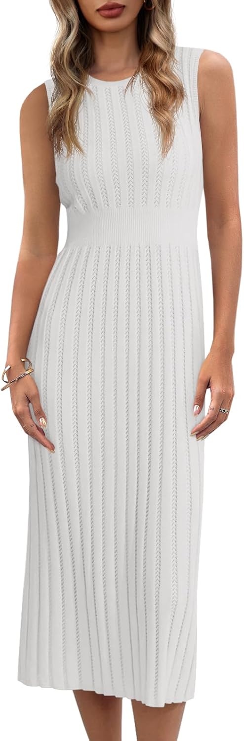 Danedvi Women's Knit Midi Tank Dress Sleeveless Ribbed Crew Neck Fall Bodycon Casual Basic Going Out Dresses