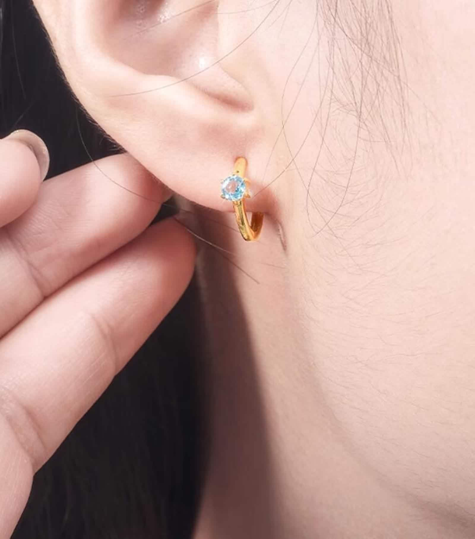 Pendientes de aro pequeños para mujer, pendientes vintage azul topacio 9 K/14 K/18 K oro amarillo