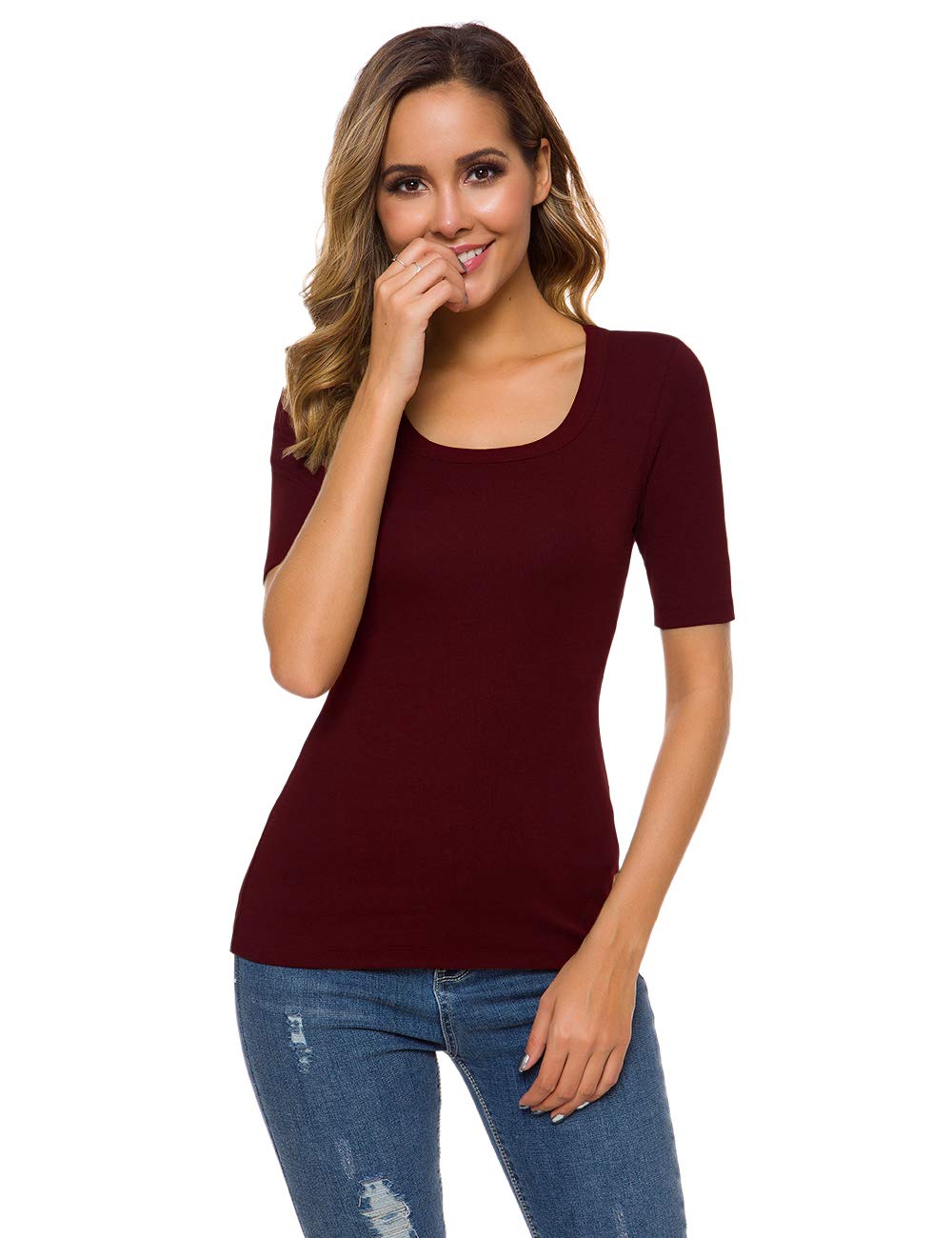 Womens Square U Neck Short Sleeve Basic Tee Tops Fitted Cotton T-Shirts for Summer Winter Layer