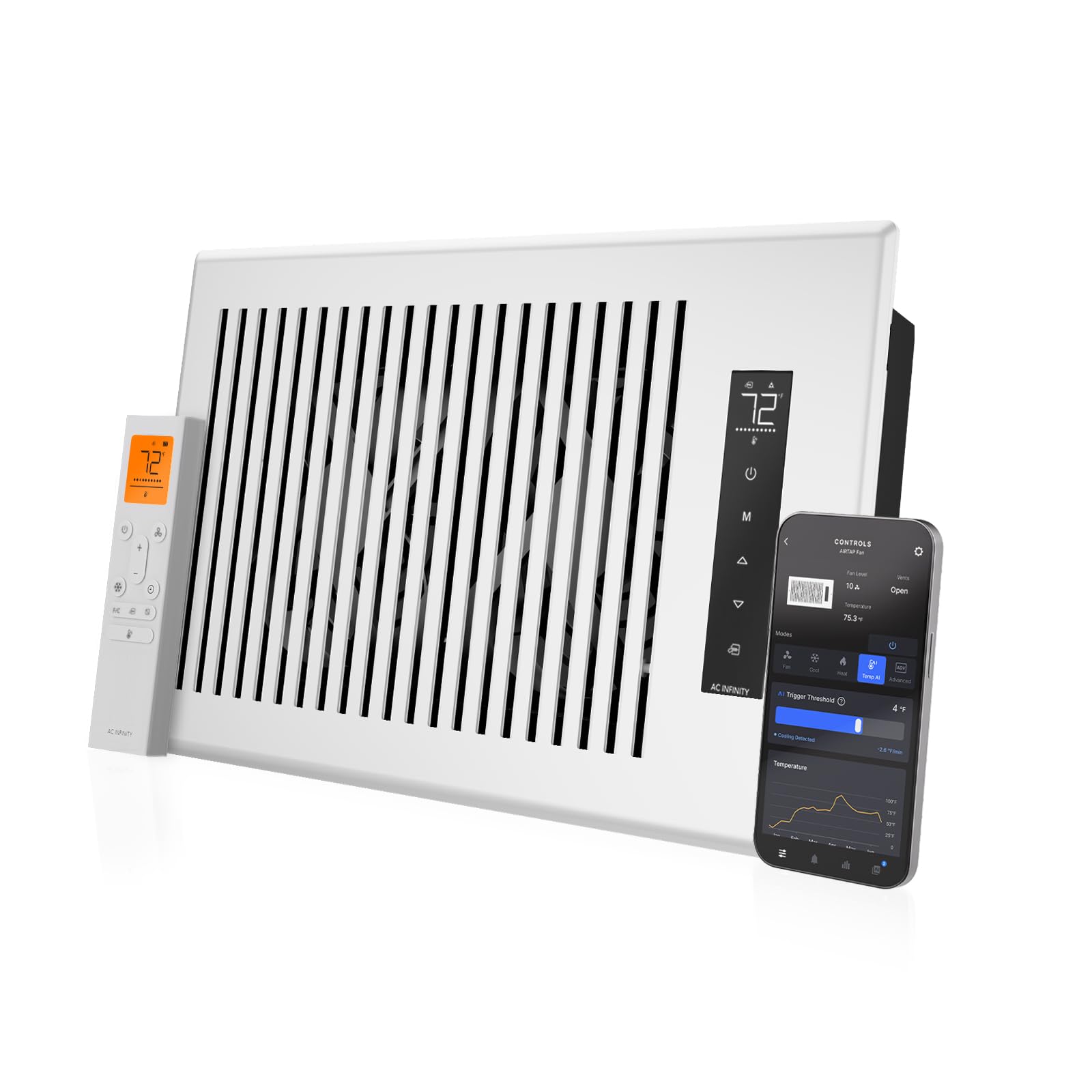 Automatic Open/Close Vents, Wireless LCD Temperature Controller, WiFi App, Quiet 10-Speeds, Smart Home AC Infinity AIRTAP T6, White Register Booster Fan for 6”x12” Openings