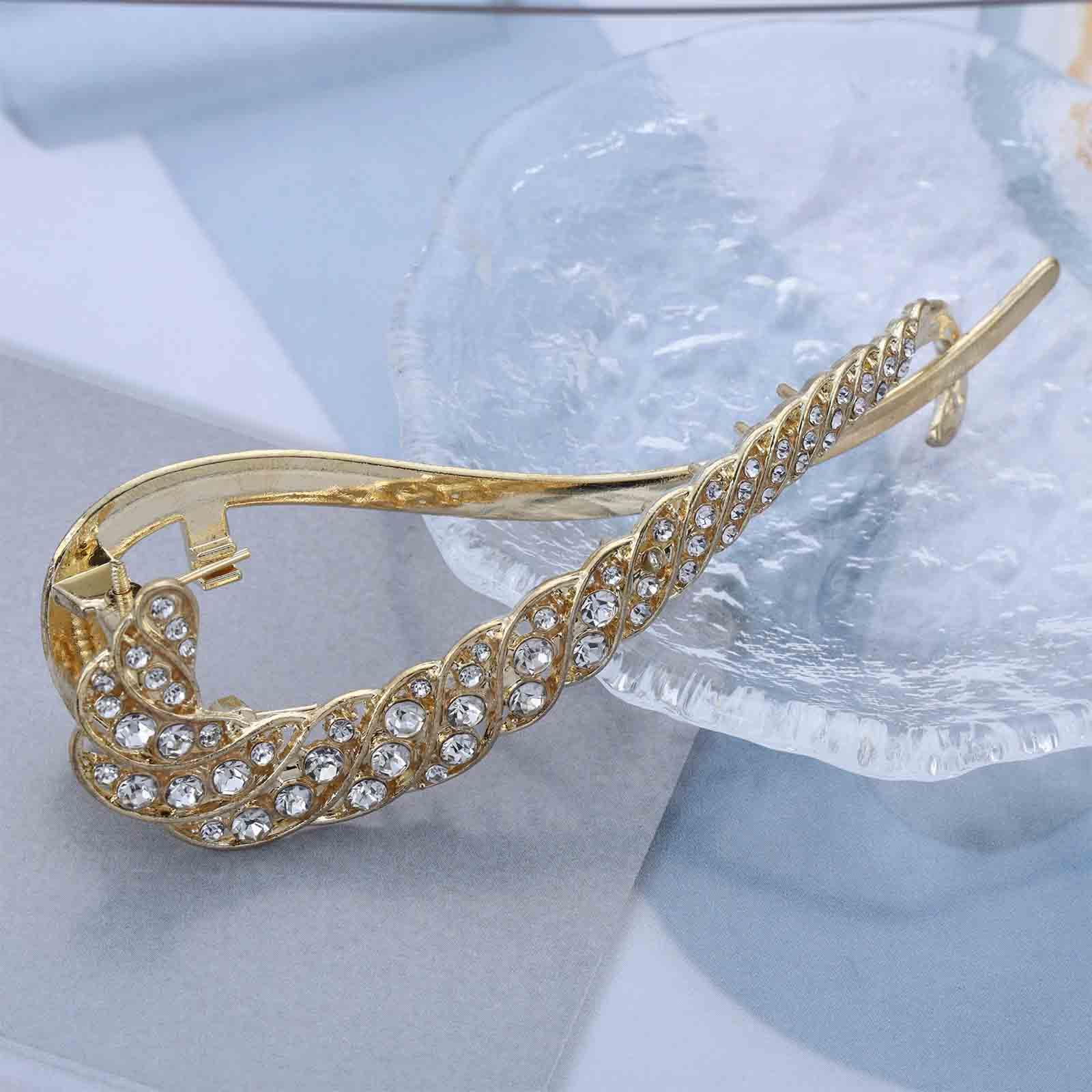 Cybche Large Rhinestone Hair Clips Gold Cz Hair Barrette Clip Crystal Banana Hair Clip Cz Hair Clip Hairpin French Style Twist Hair Barrette Decorative Hair Accessories Jewelry for Women(Gold) - Image 3