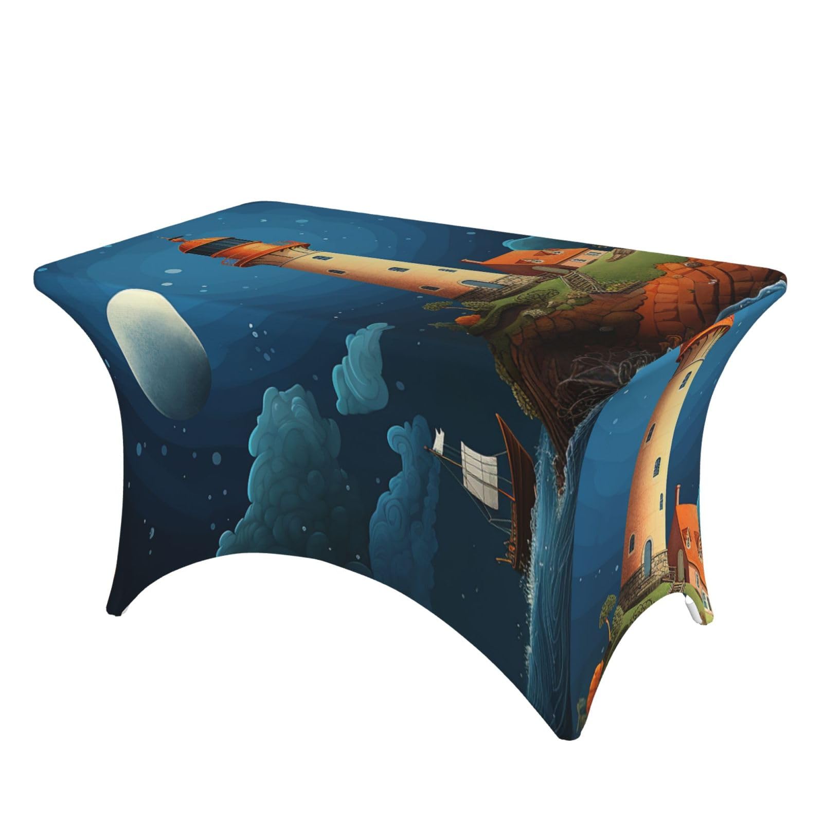 LKTPSKQRY 4ft Spandex Table Cloth For Rectangle Tables, Wrinkle Resistant Stretch Tablecloths Protector Catoon Whale Lighthouse Washable Patio Table Cover For Wedding, Party, Banquet, Picnic