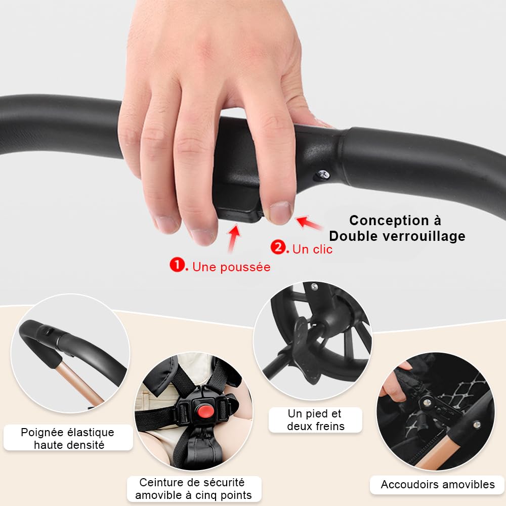 OHMG Poussette 3 en 1 avec Nacelle, Poussette de Voyage's Nacelle est Pliable, Trio Poignée est Réglable, les Roues sont en Matériau PU, pour Enfant de la Naissance à 3 Ans (Gris)