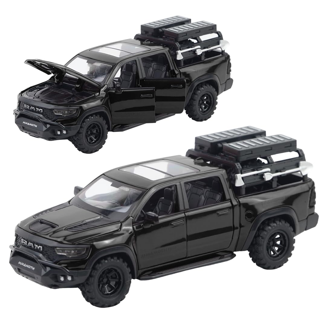 JOY JUNCTION RAM Mammoth Pick-Up Model Car 1:32 Exclusive Alloy Metal Pull Back Die-cast Car Die-cast Metal Pullback Toy car with Openable Doors & Light Music ((Black)