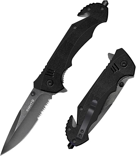 EMHTiii Cuchillo de bolsillo plegable multiherramienta con cortador de cinturón de seguridad y rompedores de vidrio, hoja dentada de 3.54 pulgadas,