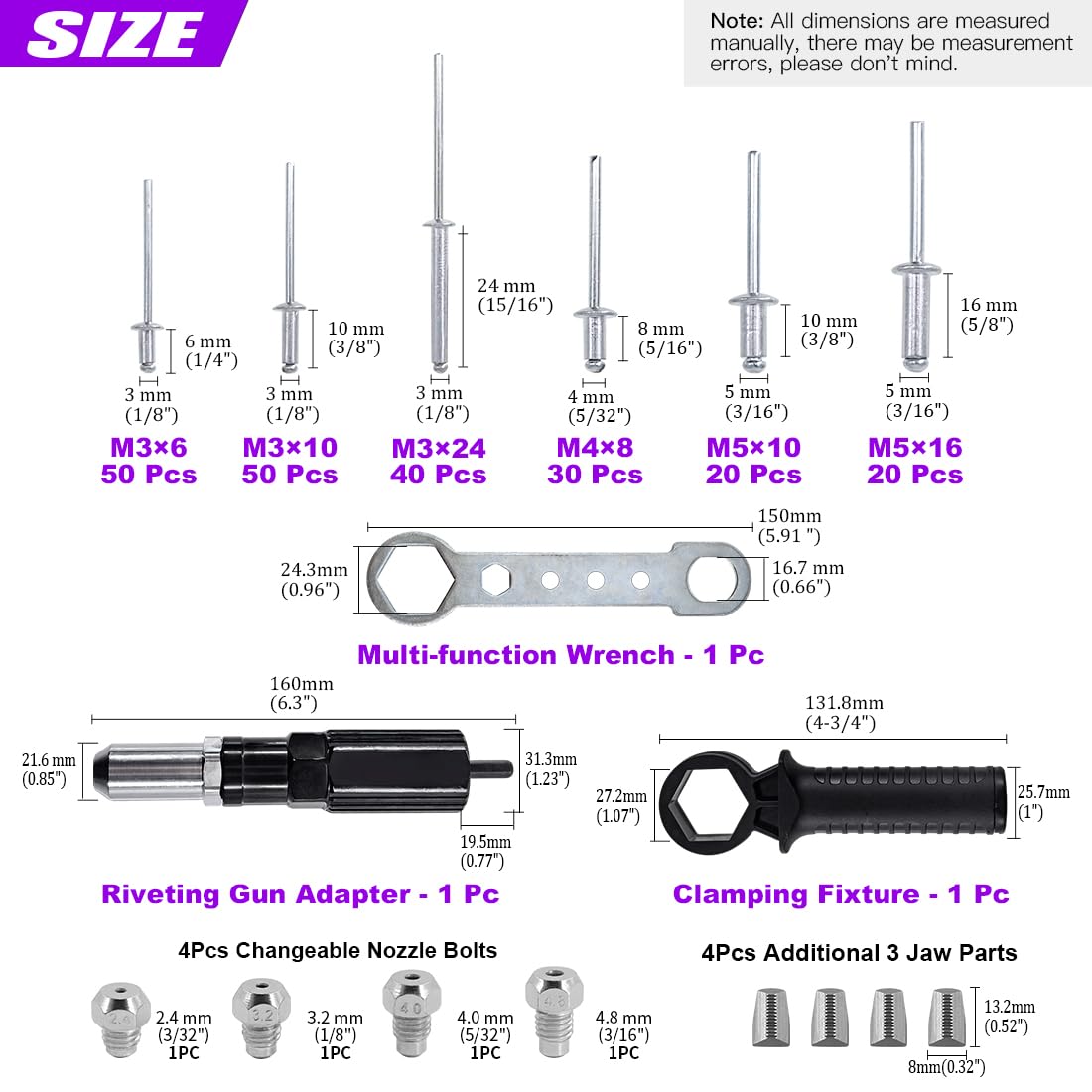 Swpeet - Kit de adaptador de pistola de remache eléctrica de aleación de acero negro de 211 piezas, incluye cabeza de remache de 2,4/3,2/4,0/4,8 mm de diámetro y llave de mango con kit de remaches