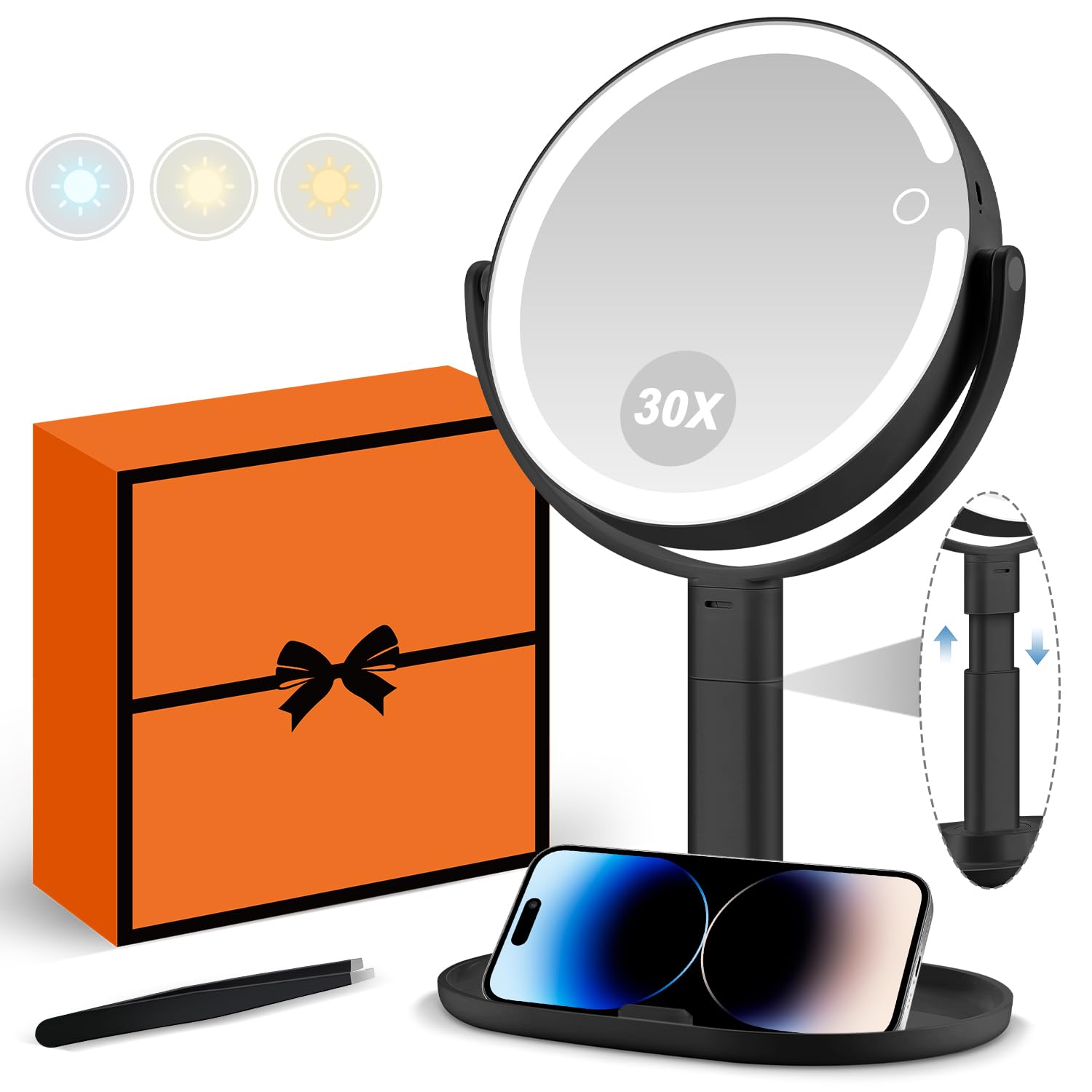 MIYADIVA Makeup Mirror with Lights, 30X Magnification Mirror with Light and Touch Switch, Cosmetic Mirror with 3 Color Light and 80 LEDs, Height Adjustable Desk Mirror with Lights-image-41
