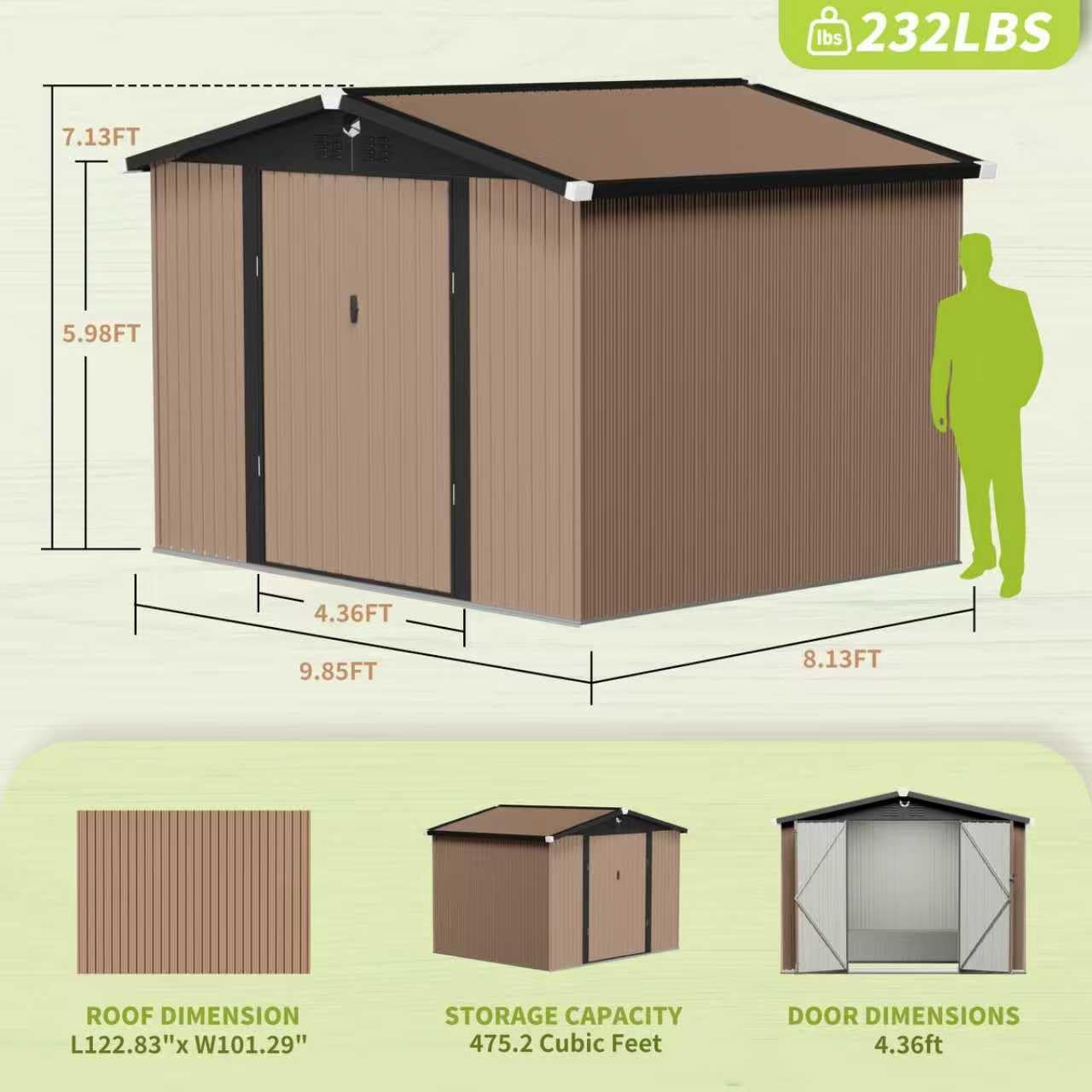 Metal Storage Shed,10x8 Outdoor Storage Building,Large Backyard Sheds with Lockable Doors,Waterproof Outside Storage Sheds with Lockable Doors(Floor Not Included)