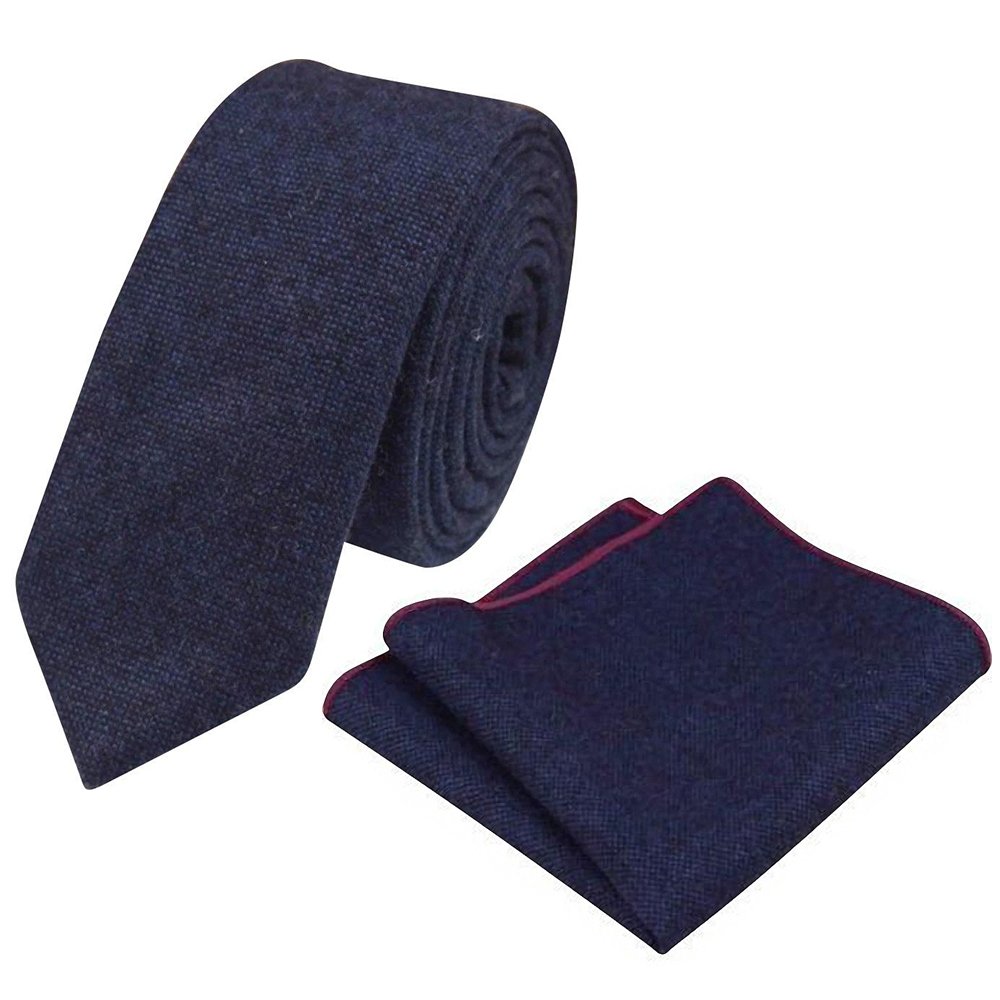 DB Dickie Bow Men's Luxury Wool Skinny Neck Tie & Pocket Square Set (Navy Blue) - suitable for formalwear, office, weddings, parties, grooms & groomsmen outfits