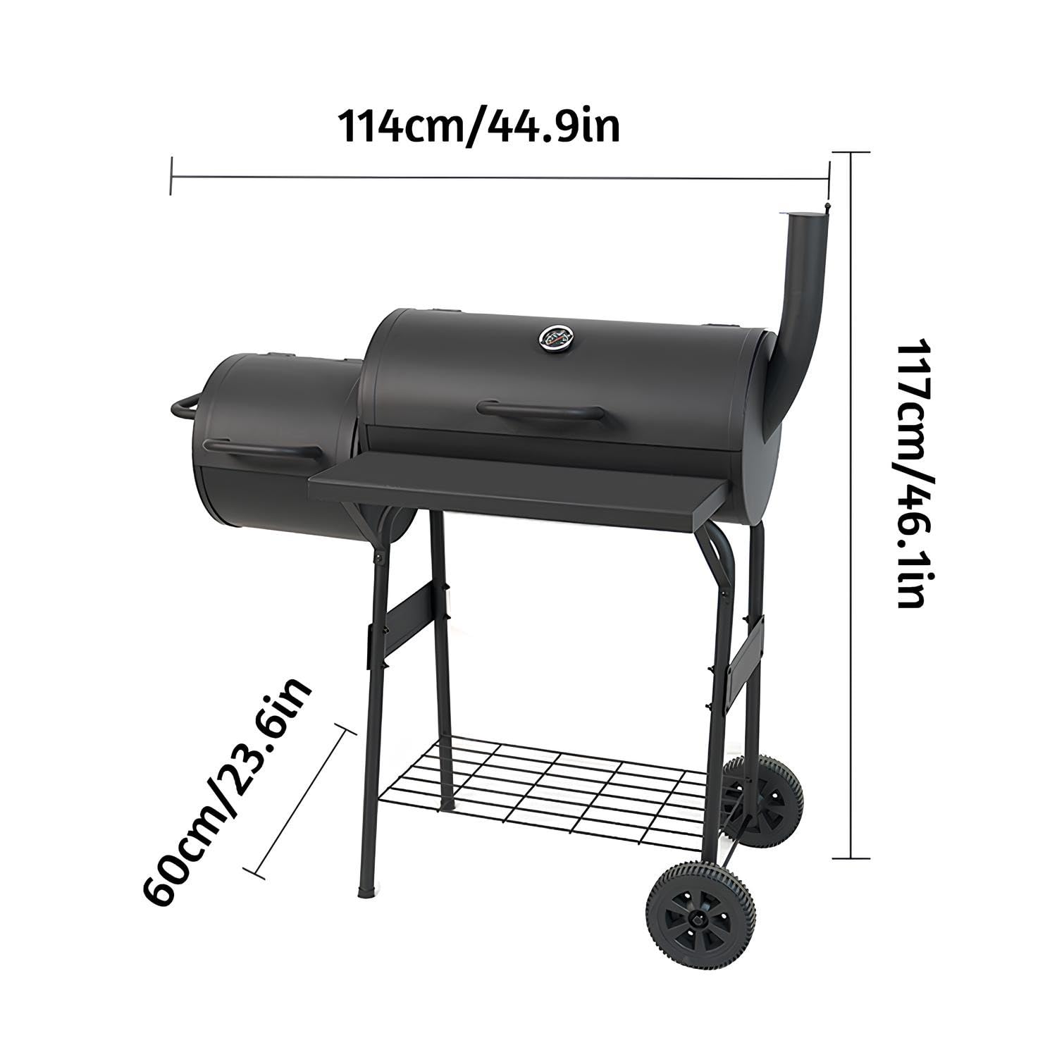 Barbecue A Carbone con Carrello, Barbecue A Carbonella con Tavolo Anteriore Pieghevole, BBQ Smoker Griglia Grande con Termometro Dotato di Due Aree di Cottura E Ripiano Inferiore