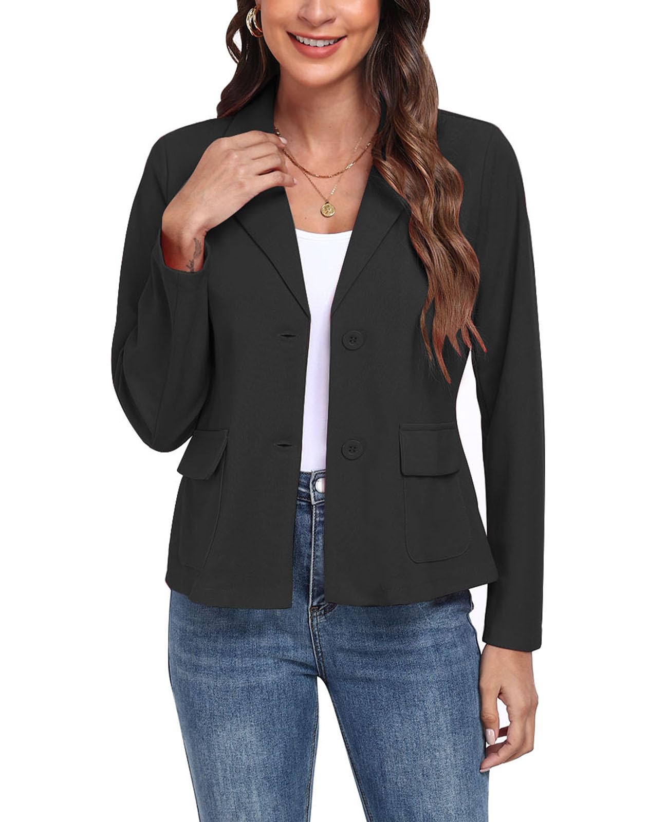 Damen-Blazer, lässig, langärmelig, Knopfleiste, Revers, Arbeit, Büro, Business, Blazer mit Taschen