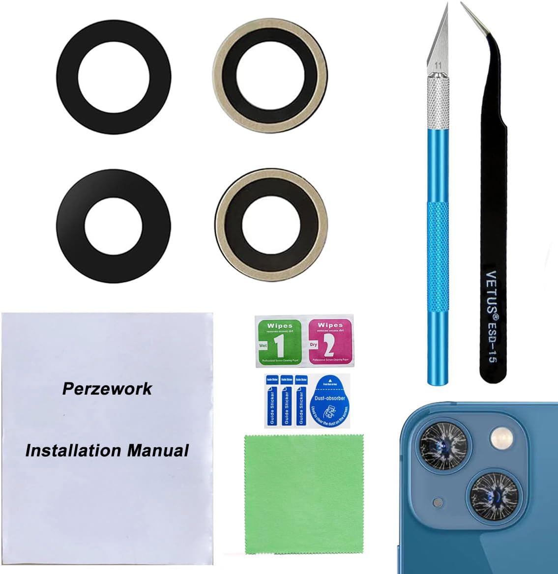 – OEM Back Rear Camera Lens Glass Replacement for iPhone 13 and iPhone 13 Mini with pre-Installed Adhesive and Reparing Toolkit
