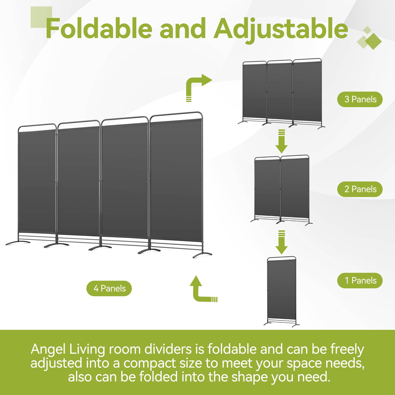 Angel Living Paravent 4 Panneaux Pliable Diviseurs de Chambre Séparateur de Panneaux Indépendant Paroi de Séparation Murale Séparation Visuelle pour Bureaux, Chambre à Coucher, 180 x 324cm (Gris)
