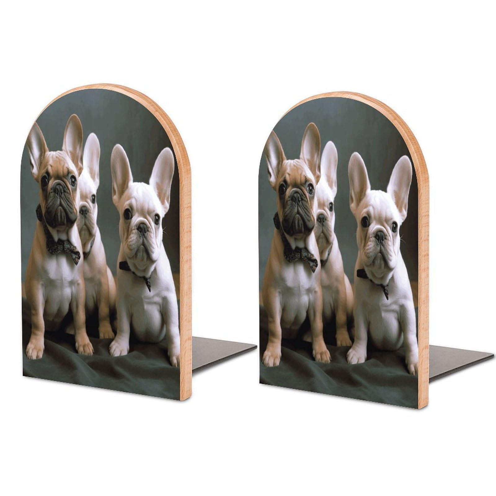 French Bulldog Puppies Bookends Modern Bookends for Shelves Fashion Heavy Duty Book Stopper Sturdy Non-Skid Metal Base Wood Book Ends for Library Home Office 1 Pair