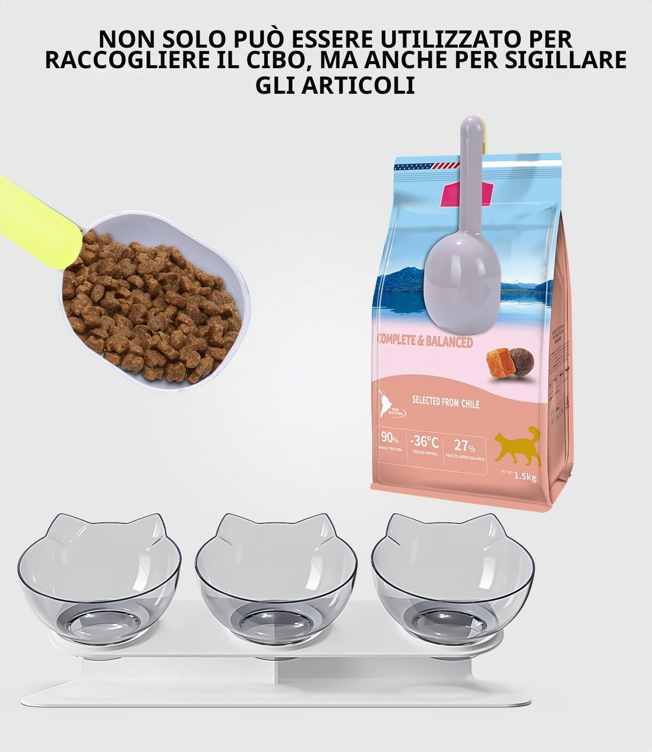 LEAZZLE 3 in 1 Ciotola per Gatti Rialzata con Supporto, 15° Inclinata, Antivomito, Trasparente