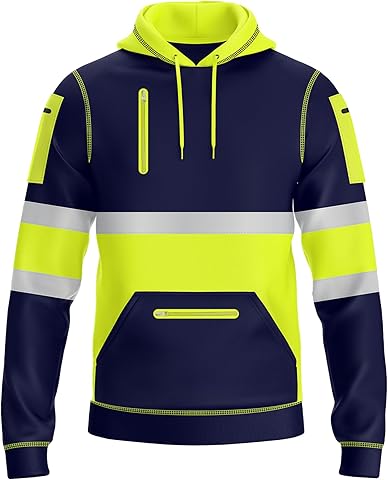 NOROZE Hombres Alta Visibilidad Pullover Sudadera Cinta Reflectante Gris Abrigo de Seguridad con 4 Bolsillos con Cremallera para teléfono y Accesorios Sweatshirt Chaqueta