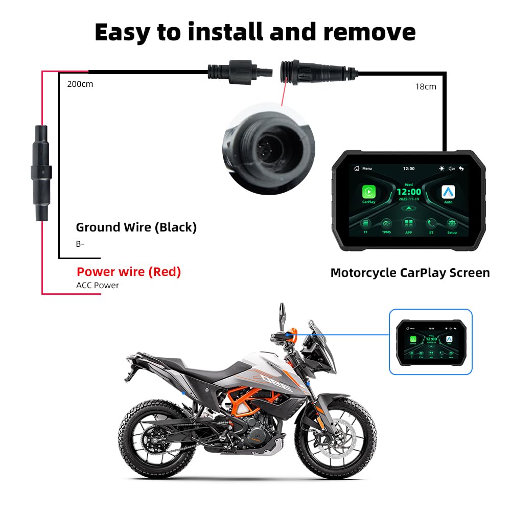 Bezprzewodowy odbiornik samochodowy CarPlay i Android do motocykla, ekran dotykowy IPS 800 nitów, IP67, wodoodporny ekran dotykowy, BT 5.0, obsługuje mapy / muzykę za pośrednictwem smartfona