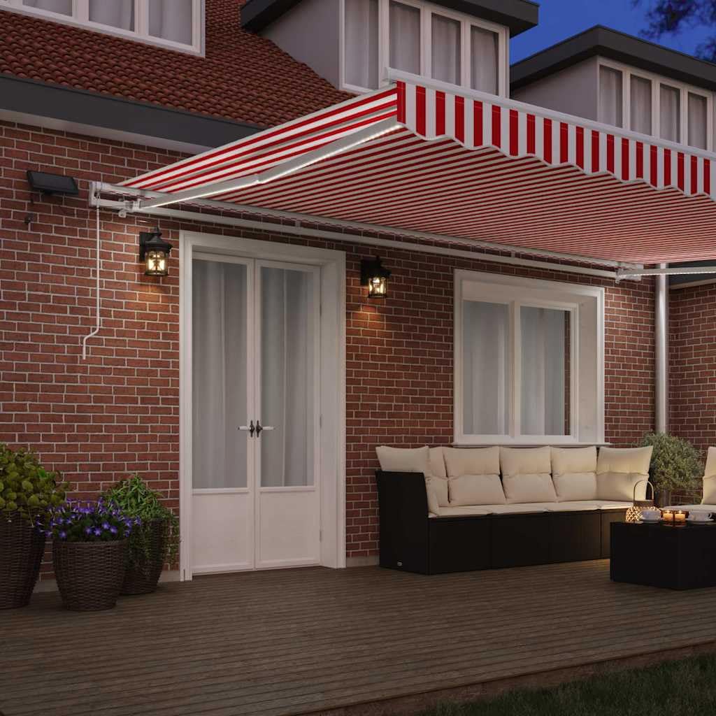 Toldo articulado extensible rojo y blanco, 500 x 350 cm, protección solar para balcón, terraza, jardín, toldo resistente a la intemperie, manivela, estor enrollable UV, extensible, exterior