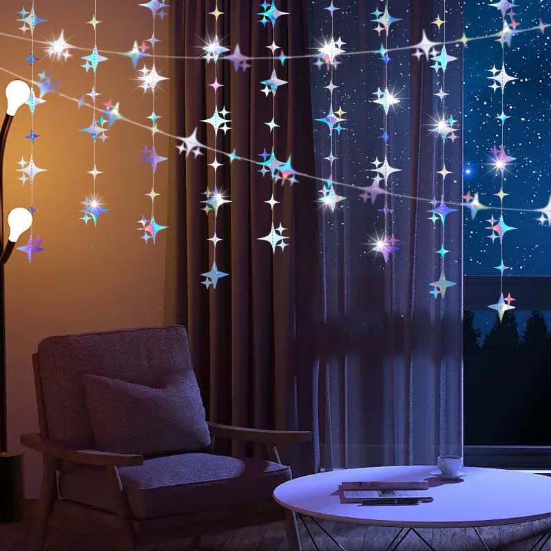 Image of Glitter Iridescent Four-Angle Star Paper Garland Banner Decor 40 Feet Iridescent Twinkle Star Hanging Bunting Banner Backdrop for Wedding Baby Shower Birthday Graduation Disco Party Decorations