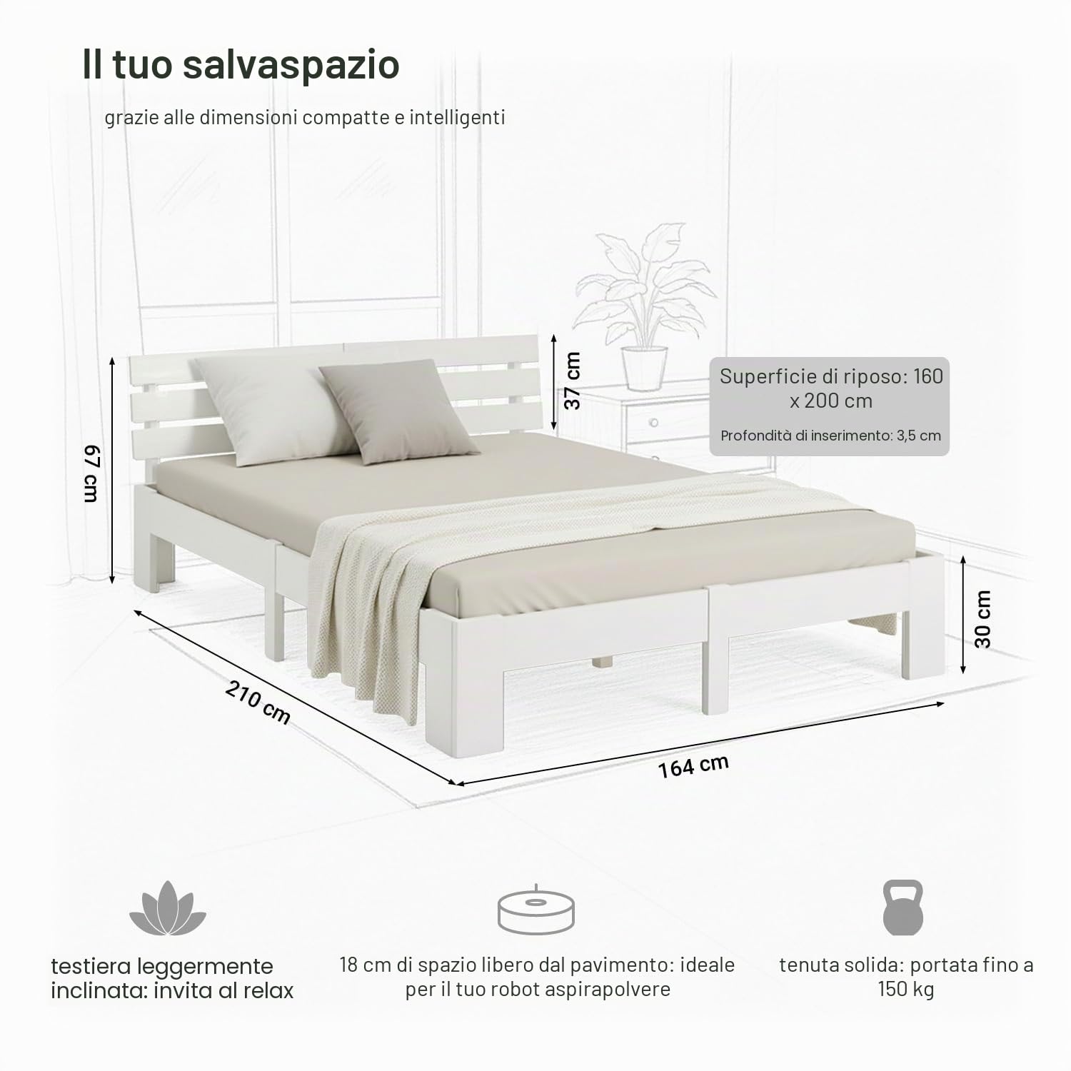 Homestyle4u Letto matrimoniale 160 x 200 in legno di pino massiccio bianco telaio letto con rete a doghe