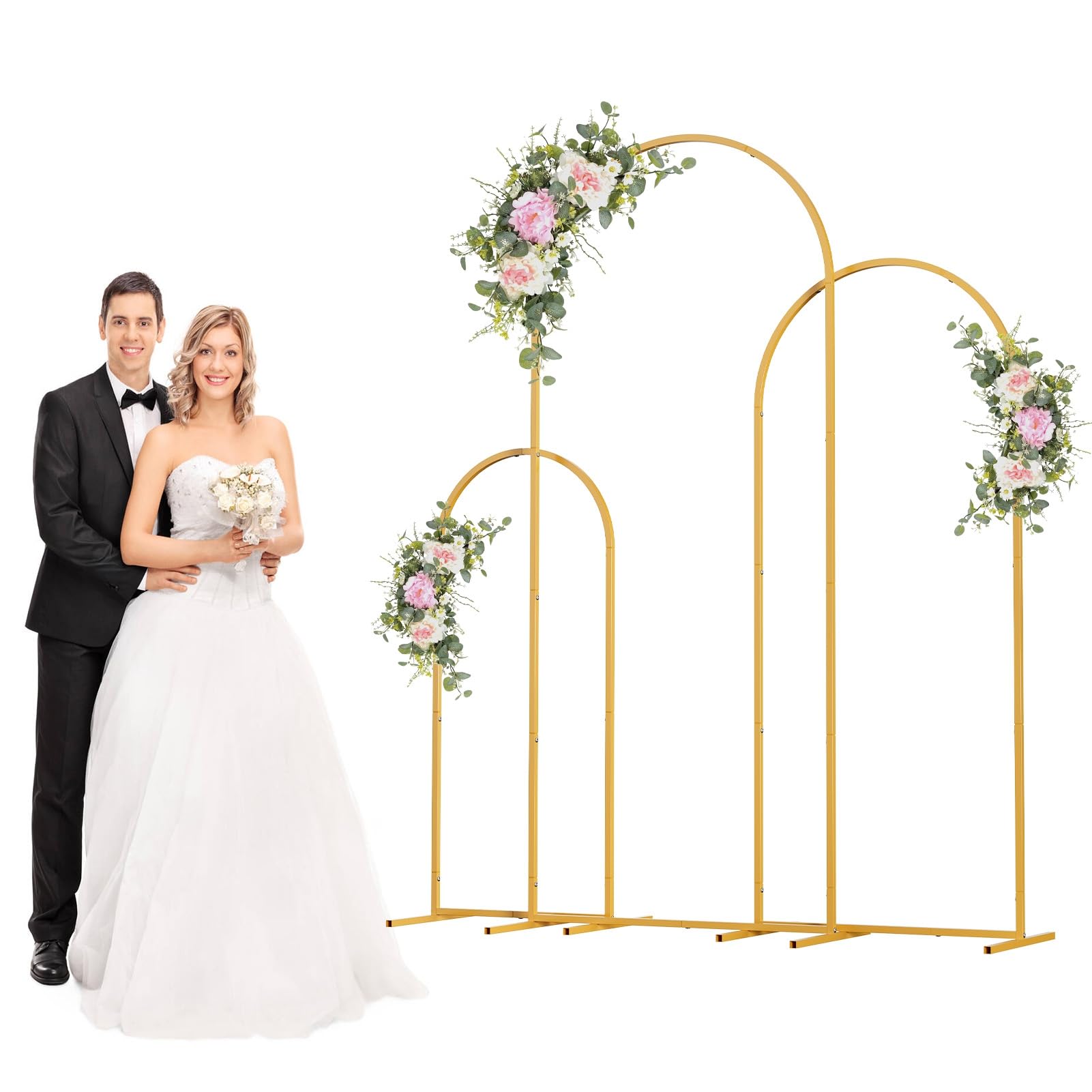 joukares Set of 3 Arch Backdrop Stand, Gold Metal Wedding Frame Set, Party Decoration Display Archway, 4FT, 5FT, 6FT Backdrop Arch for Birthday Party Baby Shower Wedding Ceremony Banquet Decoration G