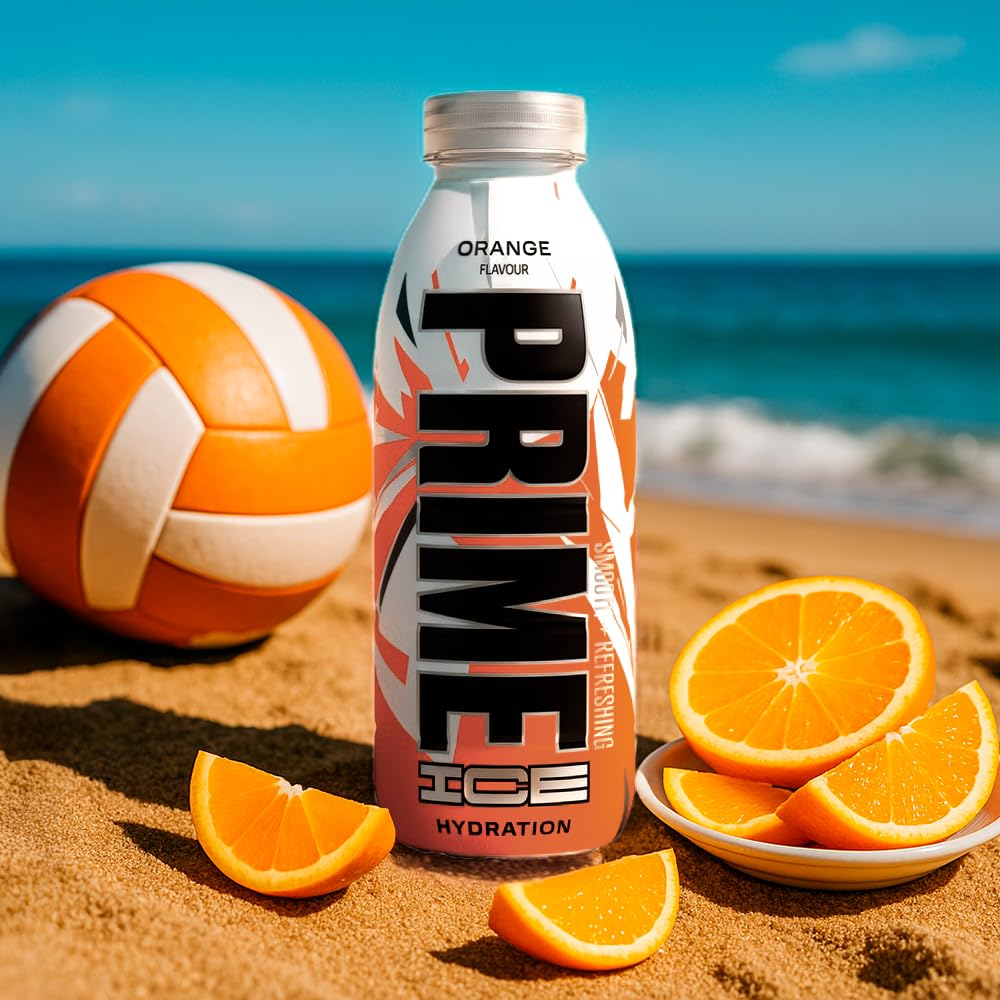 PRIME Hydration Ice Orange, bebidas deportivas, con electrolitos mejorados para una hidratación óptima, 250 mg de BCAA, vitamina B, antioxidantes, bajo contenido en azúcar, 16,9 fl oz, paquete de 12