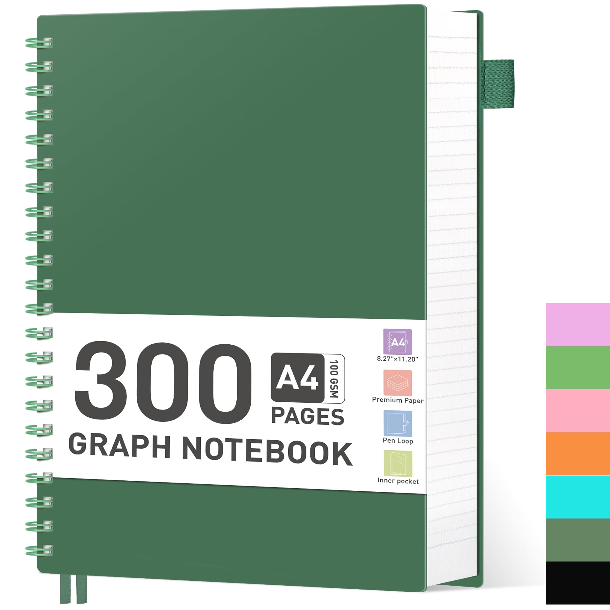 RETTACY Cuaderno A4 cuadriculado, papel de 100 g/m², 300 páginas, color