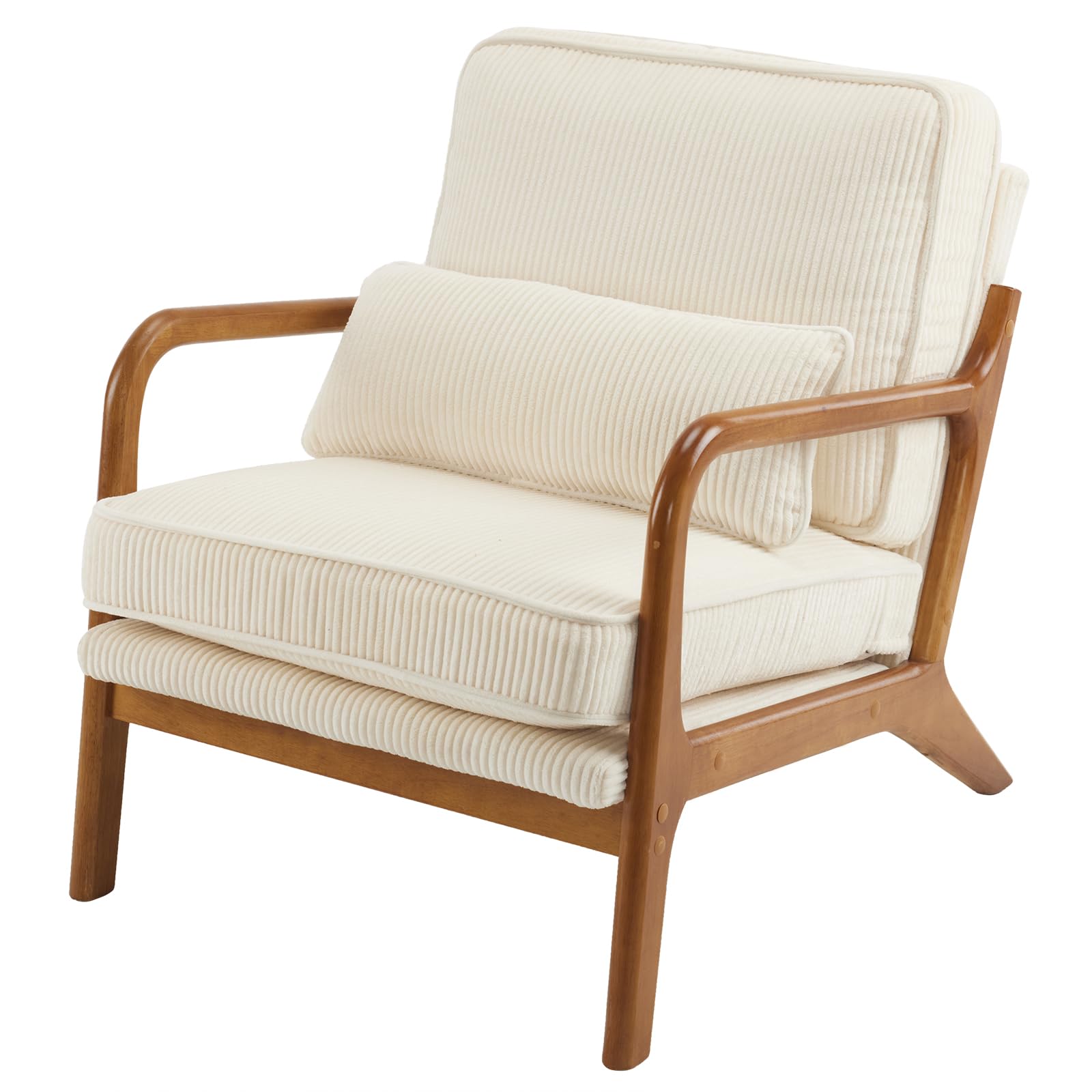 VINGLI Arm Chairs,Mid Century Modern Accent Chairs with Solid Wood Frame,Comfy Upholstered Armchair with Lumbar Pillow,Chairs for Living Room,Bedroom,Small Spaces,Corduroy (Cream White)