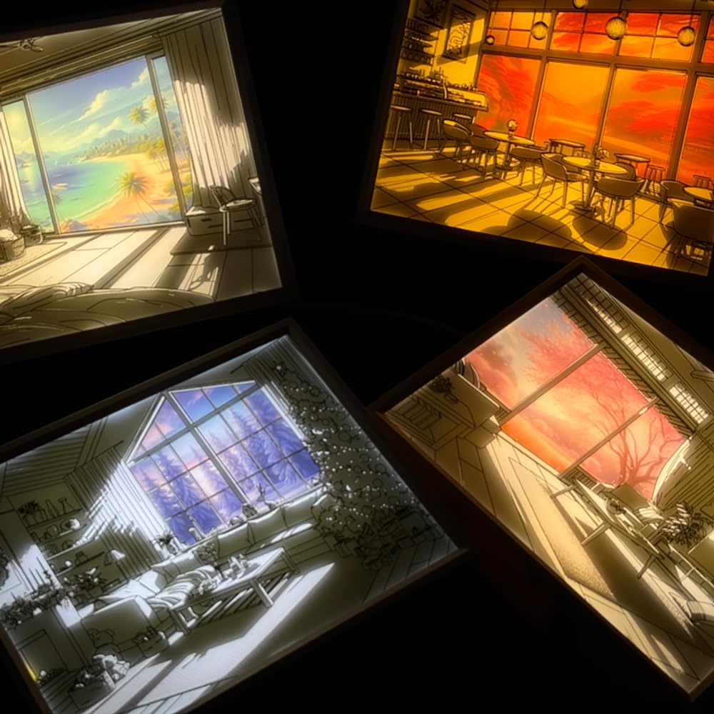 WOODMENT Liint - Marco de luz LED con ventana de temporada, arte acrílico, 3 modos de luz, alimentado por USB, decoración única del hogar para dormitorio, sala de estar, oficina, verano 6
