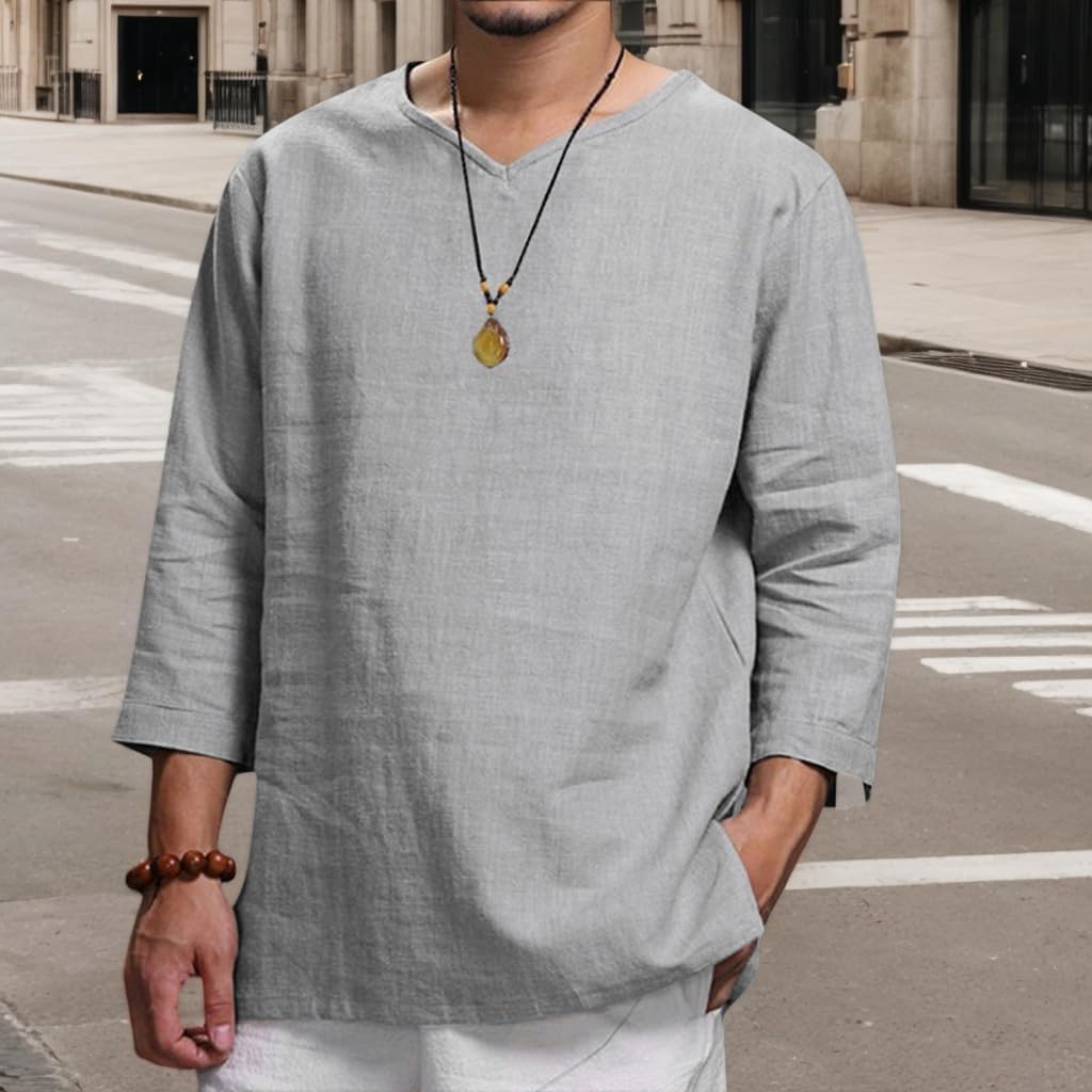 Camiseta masculina casual algodão linho manga longa praia hippie blusas leves soltas