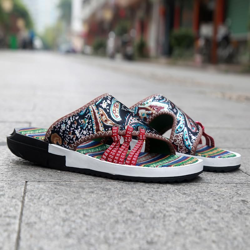 Men's retro-style summer sandals, featuring stripe and polka dot designs, lace-up canvas flat rubber soles, suitable for casual outdoor wear.2