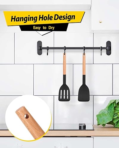 Miniatura 5 de Paquete de 2 espátulas de cocina de silicona, espátulas sólidas resistentes al calor, espátulas ranuradas antiadherentes con mango corto de madera,