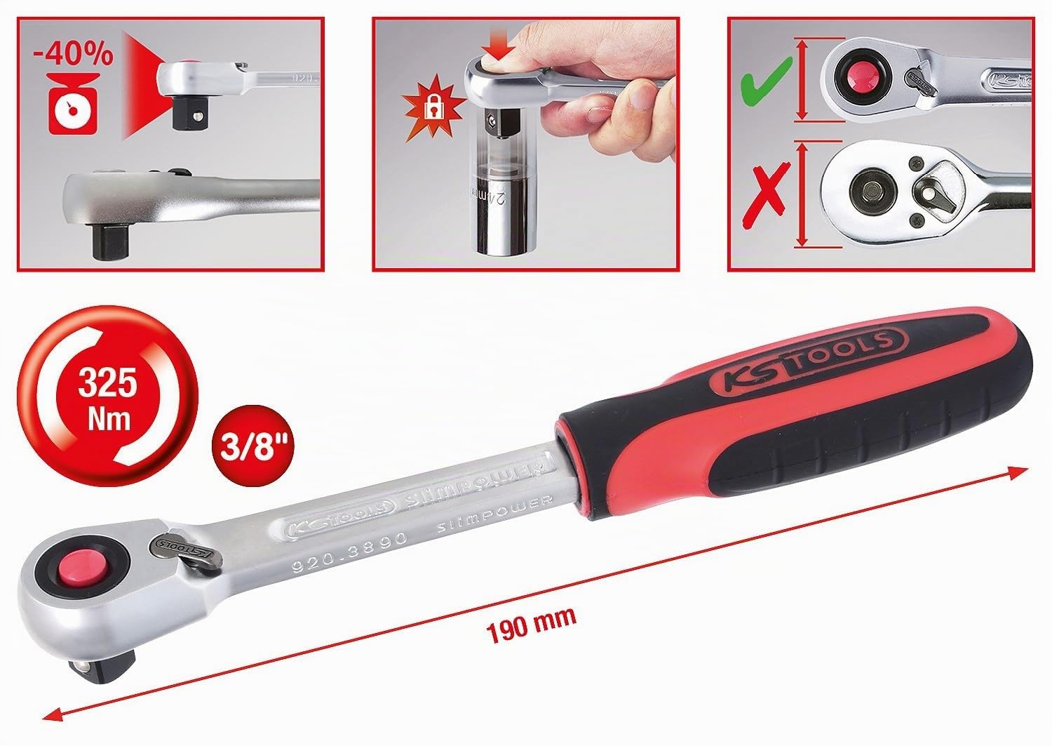 KS TOOLS Carraca reversible SlimPOWER 3/8"