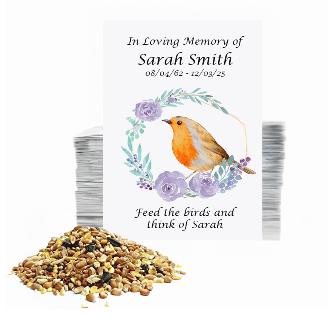 100 Personalised Memorial Bird Seed Packets for Funeral Guests • Feed the Birds Remembrance Favours • Celebration of Life Keepsake • Robin Flowers Design