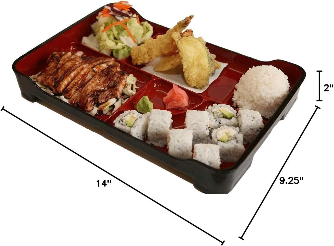 Boîte à bento traditionnelle japonaise à 6 compartiments, plateau Obento en plastique pour restaurant ou maison, 35,6 x 23,5 cm, rouge et noir, fabriquée au Japon