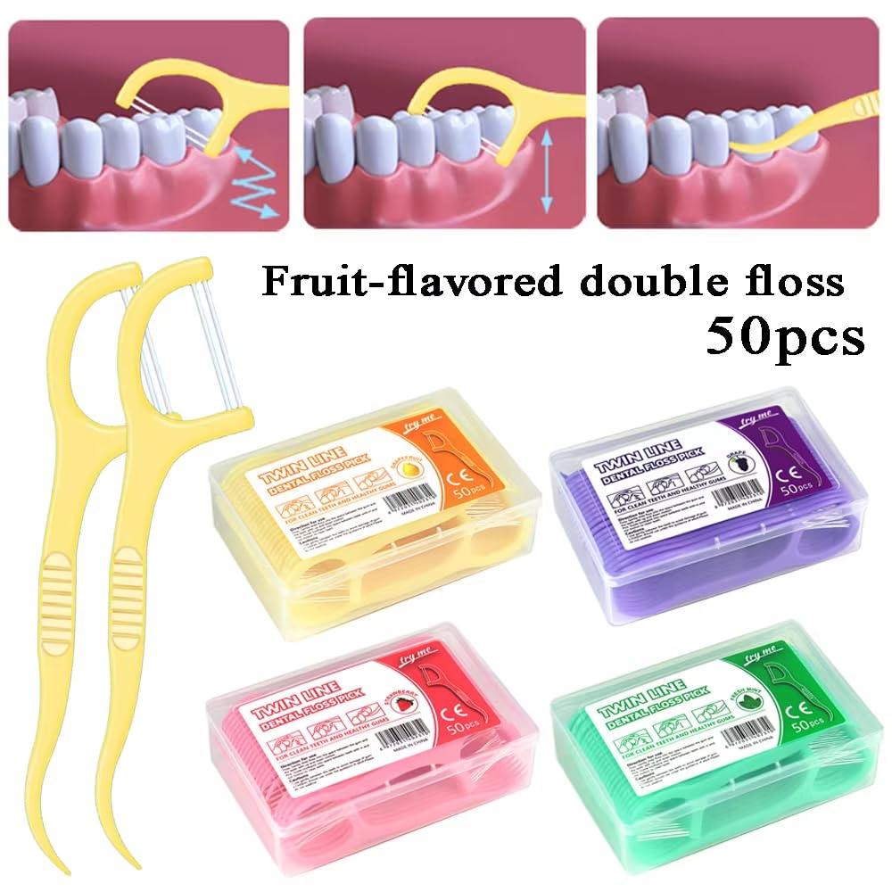 200 pcs 50pcs/Box Fruit Flavor Dental Floss Pick Teeth Cleaner Double Line High Tensile Force Teeth Stick Portable Toothpick Hygiene
