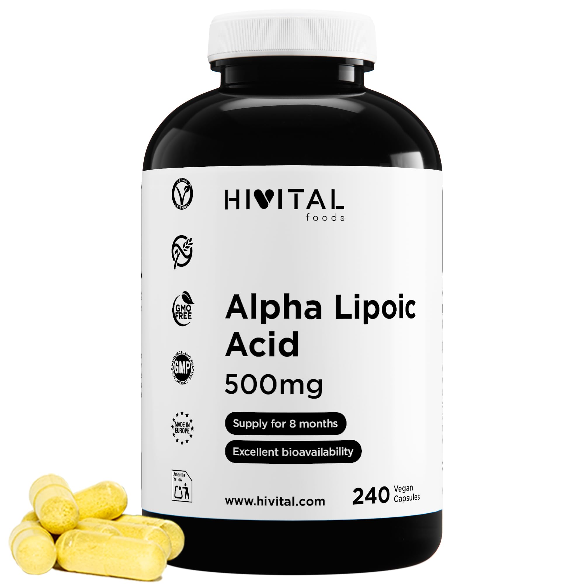 Acide Alpha Lipoïque (ALA) 500 mg. 240 gélules vegan pour 8 mois de traitement. ALA Granulaire avec une biodisponibilité et absorption maximales. Fabriqué en Europe par HIVITAL