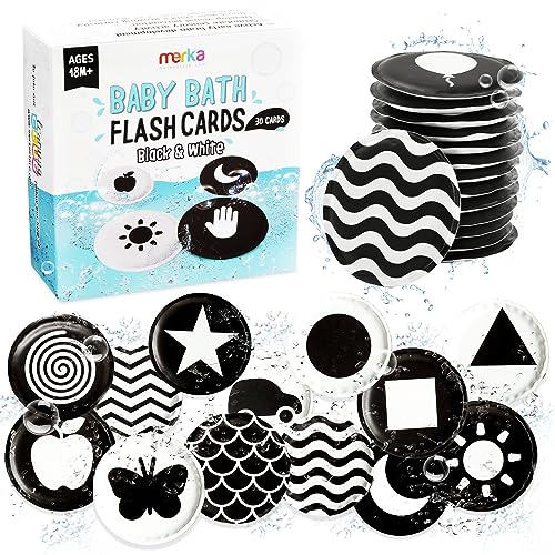 Image of merka High Contrast Baby Toys for Newborn, Mold Free Bath Toys Black and White Cards for Babies, Set of 30 Floating Flashcards, Sensory Learning, Baby Visual Stimulation Cards
