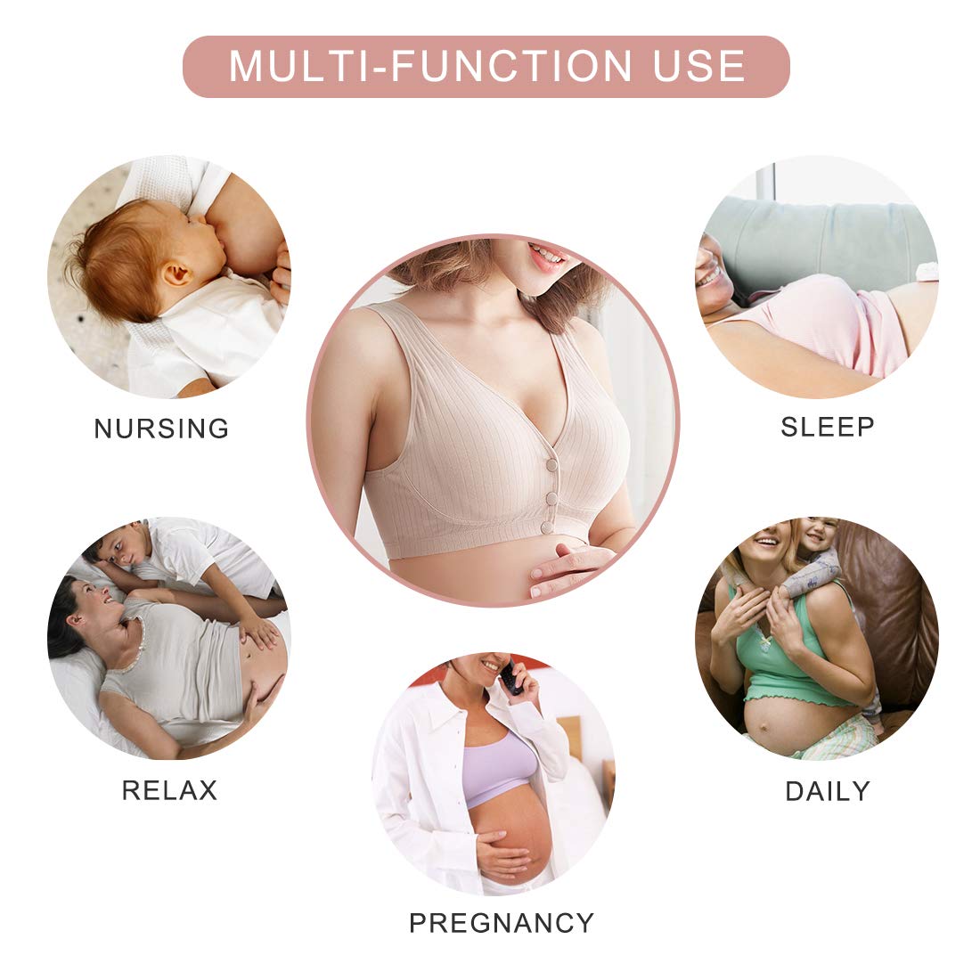 ATOX Nursing Bras for Breastfeeding Cotton Wireless Maternity Bra Seamless Support Front Snap Padded Bralettes Beige - Image 4 thumbnail