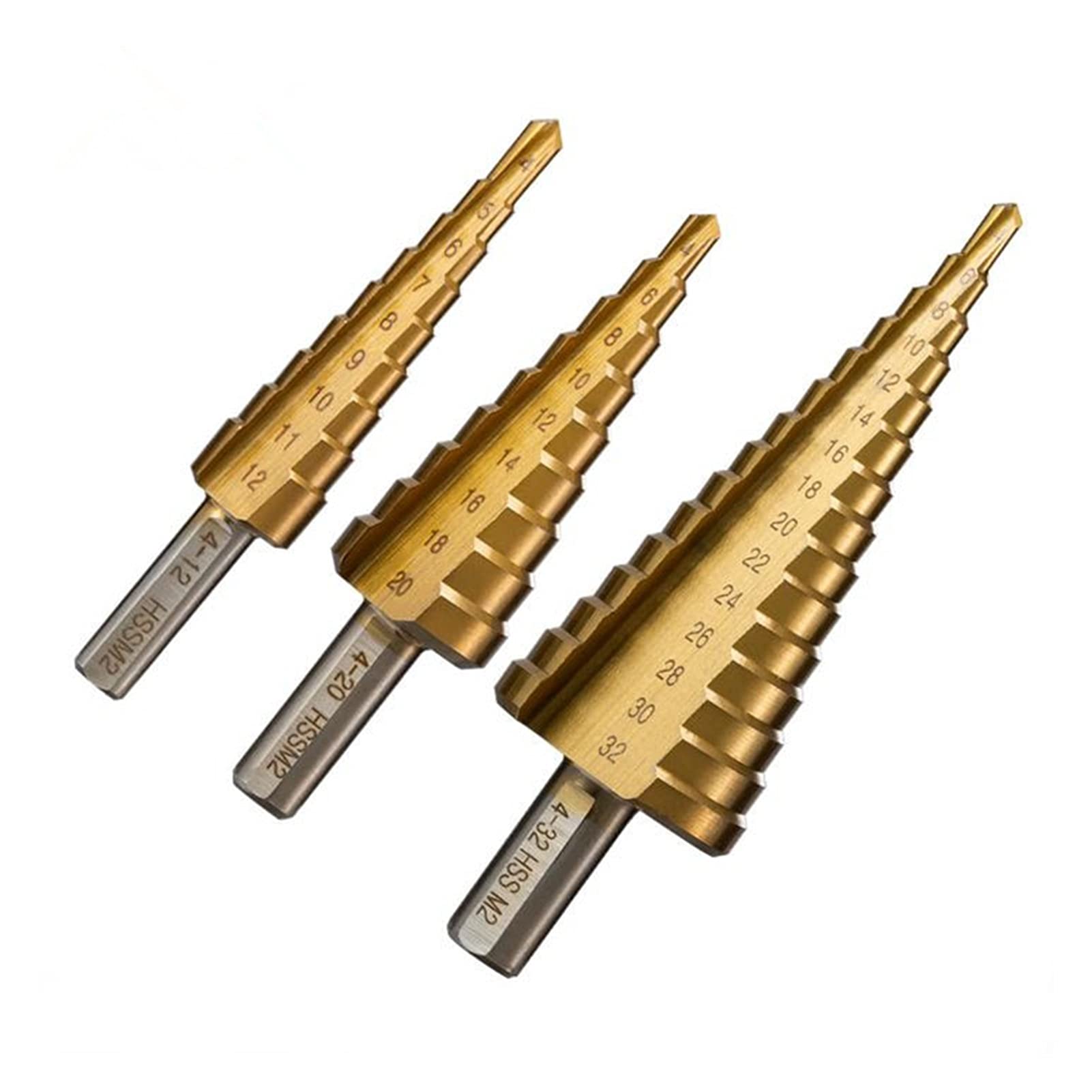 Juego de brocas escalonadas ranuradas en espiral HSS Perforación de orificios de titanio Flauta en espiral Taladro cónico escalonado de cobalto, broca escalonada de carburo 4-12/4-20/4-32 mm HSS 6542