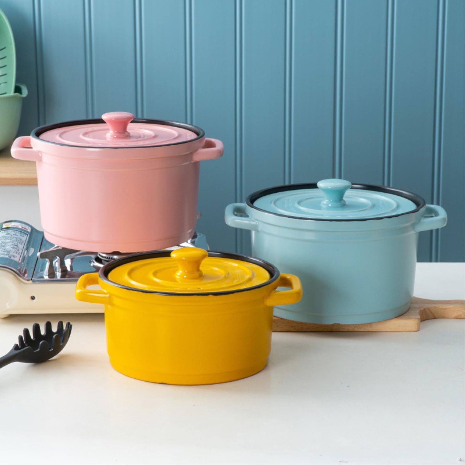 Casserole en céramique avec couvercle = faitout domestique binaural haute température vert -3.6L rond