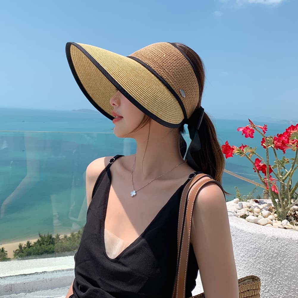 Sombrero de visera solar, visera plegable de paja para mujer, protección solar, ala ancha, lazo vacío, transpirable, sombrero de playa de verano, paja de ala ancha para mujer