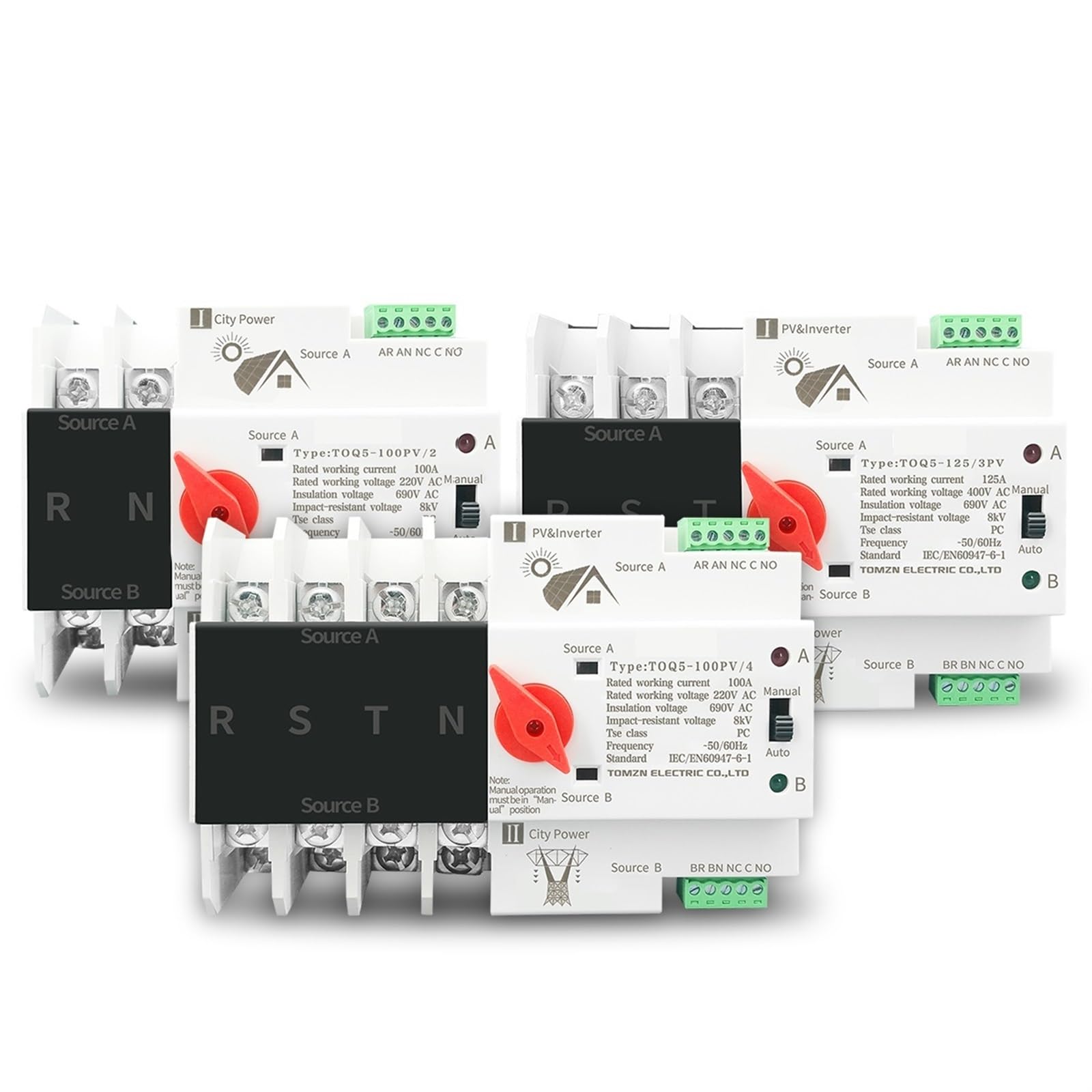 YFHGULBTK 2P 3P 4P Din Rail ATS for PV and Inverter Dual Power Automatic Transfer Selector Switches Uninterrupted 63A 100A 125A 1Pcs(100A,3P)