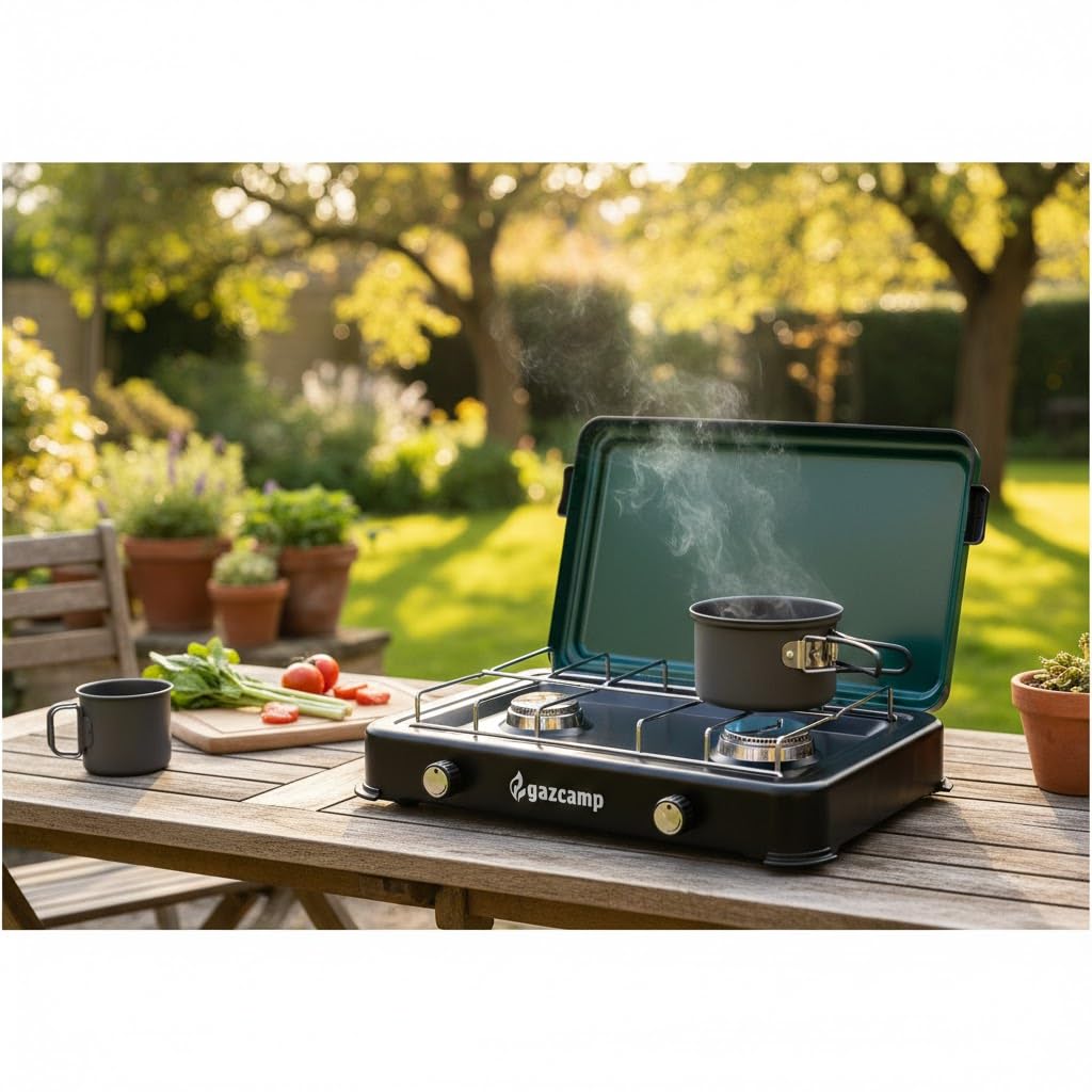 Gazcamp Gaskocher Campingkocher 2,4 kW 50 mBar 2 flammig Weiß mit Deckel 1/4" Linksgewinde-Anschluss Kocher Herd Camping Outdoor Grodenberg
