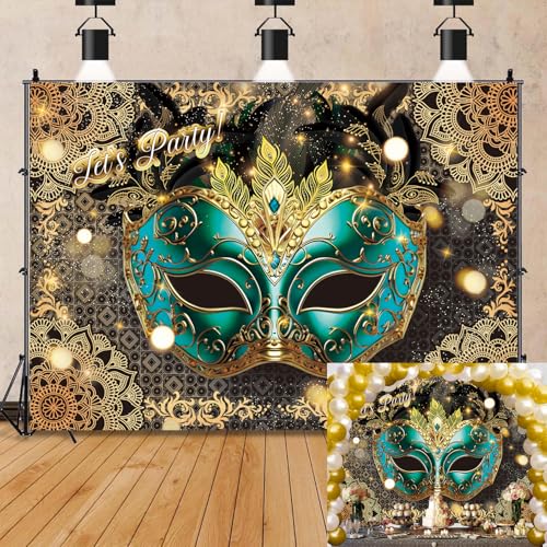Pano de fundo de baile de máscaras de Mardi Gras para Carnaval, fundo dourado e verde, faixa temática de máscaras, suprimentos de decoração de festa de aniversário (210 x 150 cm)