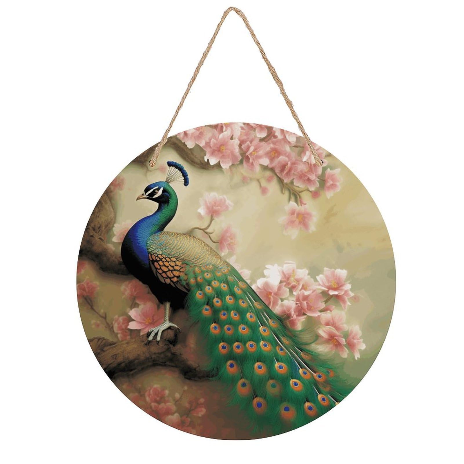 VstaDank Oriental Peacock on Flower Tree Wall Art Decor with Ropes Wooden Hanging Sign Hanging Wall Decor Artwork Round Wood Painting Modern Wall Prints Decor Picture for Office Bar Home Decors
