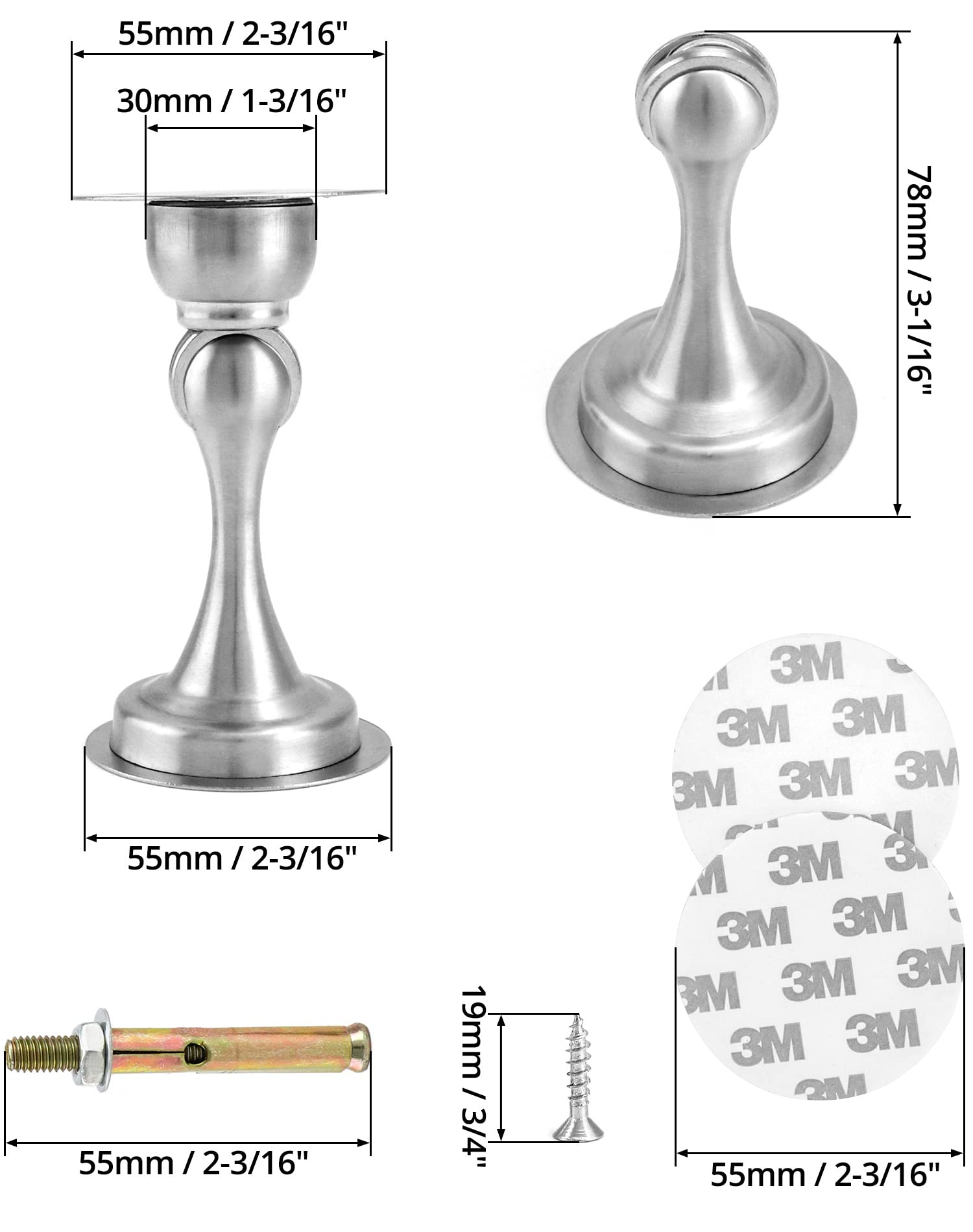 QWORK® magnetyczne stopery do drzwi, stali nierdzewnej, 3 m dwustronną taśmą klejącą i ukrytym mocowaniem śrubowym, do montażu na podłodze lub ścianie