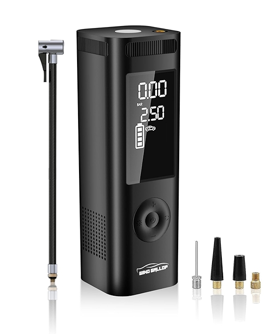 WindGallop便携式数字汽车轮胎充气泵带LED灯和压力表银色
